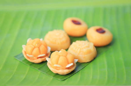 Thai sweet dessert on banana leaf for eating in freetimeの写真素材