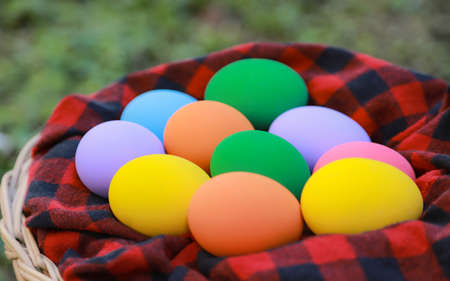 Colorful eggs in basket with fabric in Easter day celebrations for kid and everyone in holiday