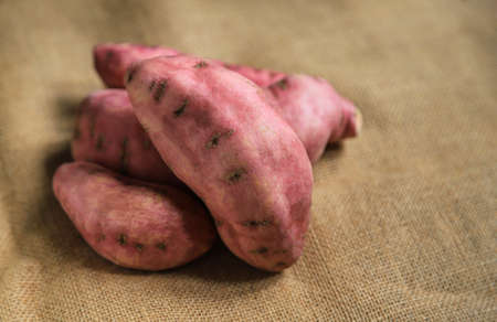 Sweet potato on sack for being cooking ingredient for make food or dessertの写真素材