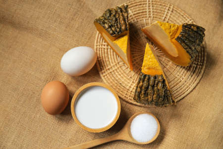 top view of stream pumpkin custard with coconut mlik