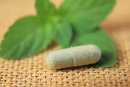 close up photo of herbal capsule from organic herb for health care using. alternative multivitamins for good living life healthy eating. selective focus.の写真素材