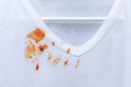 dirty barbeque sauce stain on cloth from daily life activity for cleaning concept. housework care living life of people.の写真素材