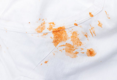 dirty barbeque sauce stain on cloth from daily life activity for cleaning concept. housework care living life of people. selective focus.の写真素材