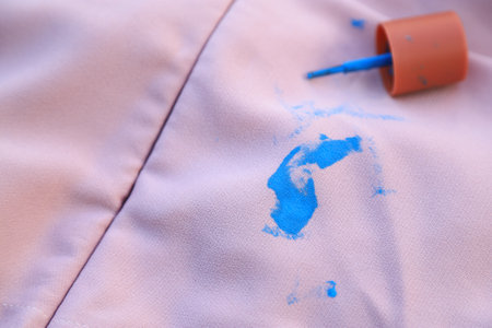 Dirty stain from blue cosmetic on cloth from using in daily life. stain for cleaning concept.の写真素材
