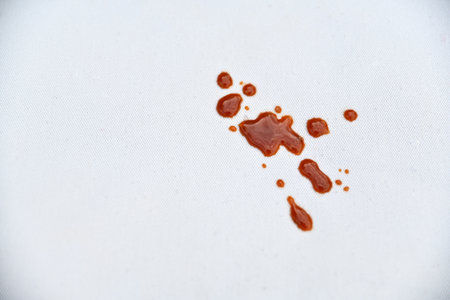 tomato sauce stain on white fabric with stains for cleaning concept ideaの写真素材