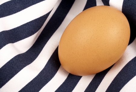 Single brown egg on a tablecloth 