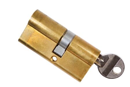 Cylinder safety lock and key isolated on a white background.