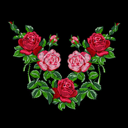 Ethnic embroidery of red roses with buds floral design. Fashionable embroidery stitch patterns on black for textiles, traditional folk decor. Vector illustration on a black background.のイラスト素材