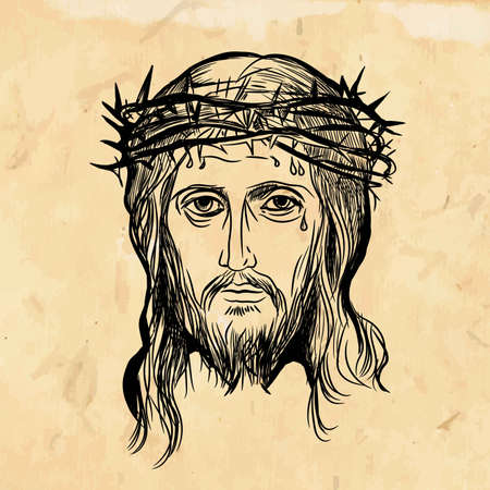 Son of God Jesus Christ, with a crown of thorns on his head, a religious symbol of Christianity on a vintage Biblical old background. Vector illustrationのイラスト素材