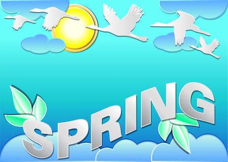 Paper Arts logo style spring, with flying cranes in the sky.のイラスト素材