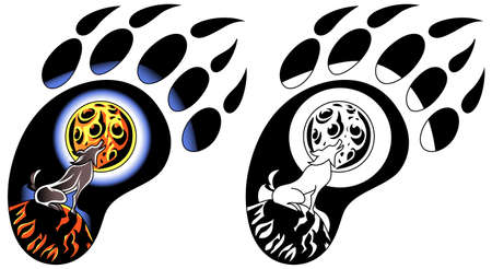 Black howling wolf inside the silhouette track. Vector illustration of a flat footprint of a bear paw, inside the image of the moon.のイラスト素材