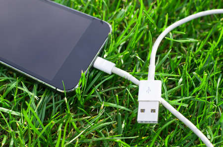 Phone detail with cable on grass