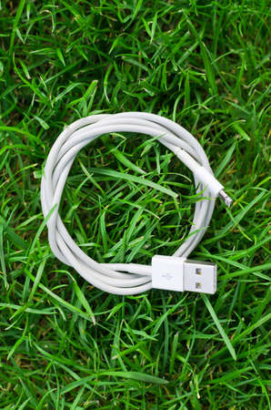 White USB cable on grass detailの写真素材