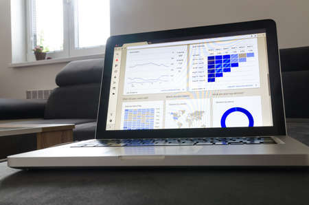 Notebook work with statistics on sofa businessの写真素材