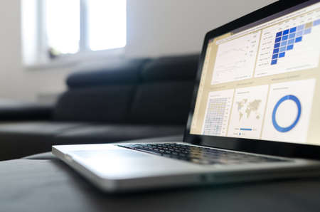 Notebook work with statistics on sofa businessの写真素材