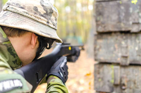 Army soldier in forestの写真素材