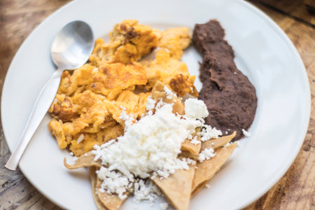 Nachos with cheese and chocolate sauce on a white plate.の写真素材