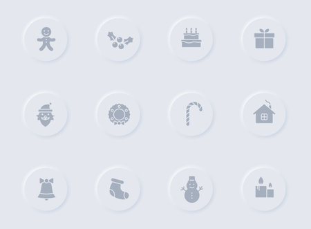 christmas gray vector icons on round rubber buttons. christmas icon set for web, mobile apps, ui design and promo business polygraphyのイラスト素材