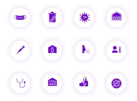 coronavirus purple color vector icons on light round buttons with purple shadow. covid 19 icon set for web, mobile apps, ui design and printのイラスト素材
