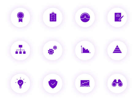 data analytics purple color vector icons on light round buttons with purple shadow. data analytics icon set for web, mobile apps, ui design and printのイラスト素材