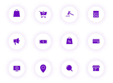 e commerce purple color vector icons on light round buttons with purple shadow. e commerce icon set for web, mobile apps, ui design and printのイラスト素材