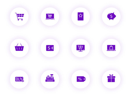 e commerce purple color vector icons on light round buttons with purple shadow. e commerce icon set for web, mobile apps, ui design and printのイラスト素材
