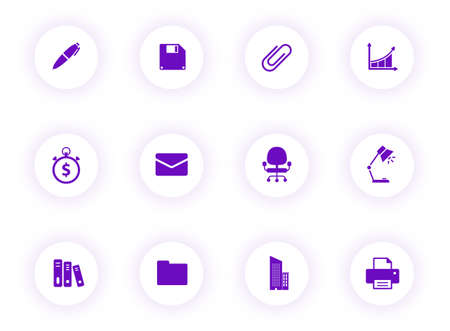 office purple color vector icons on light round buttons with purple shadow. office icon set for web, mobile apps, ui design and printのイラスト素材