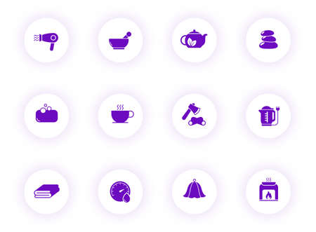 sauna purple color vector icons on light round buttons with purple shadow. sauna icon set for web, mobile apps, ui design and printのイラスト素材