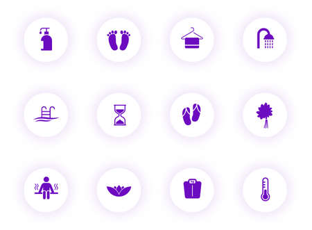 sauna purple color vector icons on light round buttons with purple shadow. sauna icon set for web, mobile apps, ui design and printのイラスト素材
