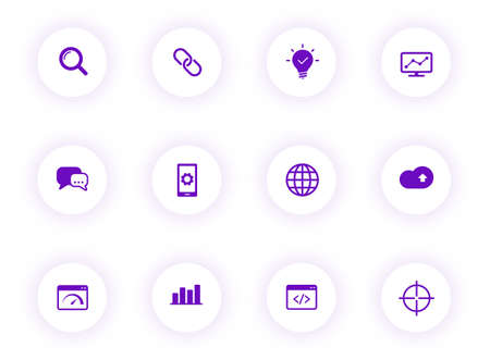 seo purple color vector icons on light round buttons with purple shadow. seo icon set for web, mobile apps, ui design and printのイラスト素材