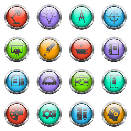 creative process vector icons on color glass buttonsのイラスト素材