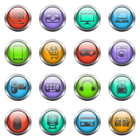 electronics supermarket vector icons on color glass buttonsのイラスト素材