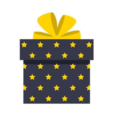 Gift box color flat illustration. Black gift box with star pattern and yellow bow vector icon isolated on white background. Holiday gift icon for web, ui design, print, greeting cardsのイラスト素材