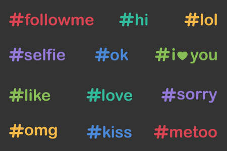 various color hashtags isolated on black background