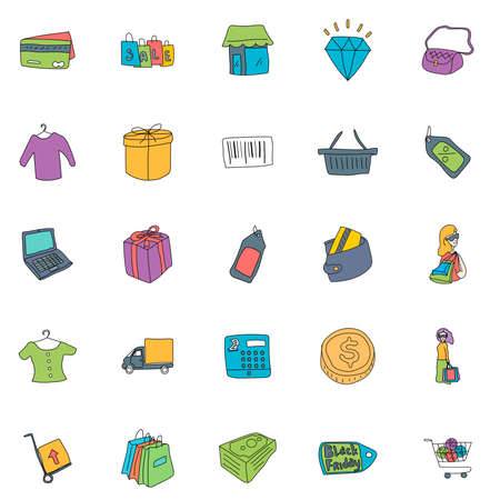 black friday hand drawn linear doodles isolated on white background. black friday color icon set for web and ui design, mobile apps and print productsのイラスト素材