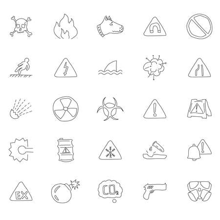 warning hand drawn linear doodles isolated on white background. warning icon set for web and ui design, mobile apps and print productsのイラスト素材