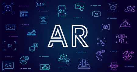 Augmented reality vector background. AR and VR futuristic background with line icons and gradients for web design, mobile apps, ui design and print. Innovative technologies business conceptのイラスト素材