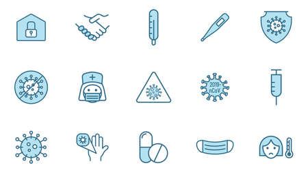 covid-19 coronavirus line vector icons in two colors isolated on white.のイラスト素材