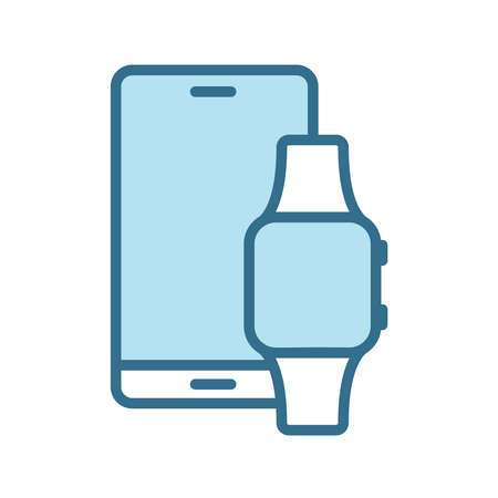 Smartphone and smart watch lineal blue icon isolated on white.のイラスト素材