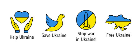 stop war in Ukraine blue and yellow outline filled iconsのイラスト素材