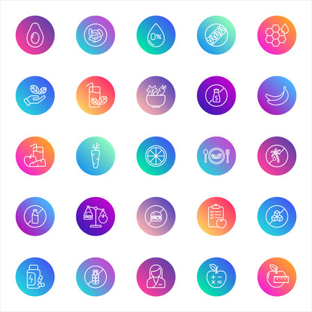 Set of 25 round nutrition and wellness icons in white outline style on colorful gradient backgrounds. Includes healthy food, supplements, hygiene, and lifestyle symbols for UI and web design.のイラスト素材