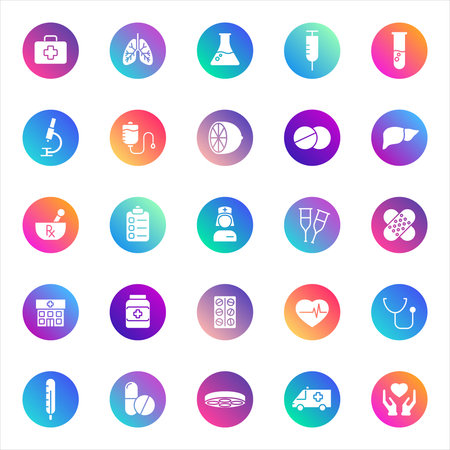 Set of 25 round medical and healthcare glyph icons in white style on colorful gradient backgrounds. Includes diagnostics, treatment, personnel, and wellness symbols for UI and web design.のイラスト素材