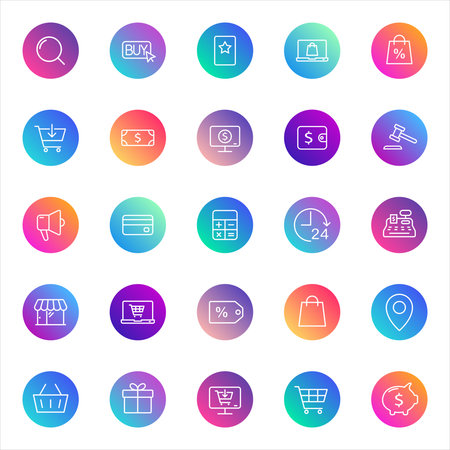 Set of 25 round e-commerce and shopping icons in white outline style on colorful gradient backgrounds. Includes payment, discount, cart, and store symbols for UI, apps, and web design.のイラスト素材
