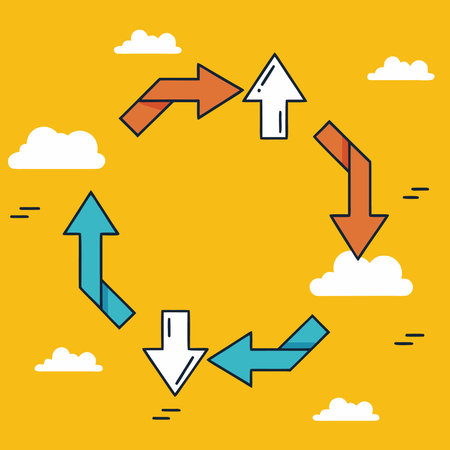 Cycle, process, arrows. Hand-drawn illustration of six colorful folded arrows forming a circular loop on yellow background with clouds. Concept for flow, feedback, or continuous improvement.のイラスト素材