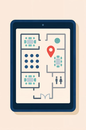 Digital tablet with simplified office floor plan. Includes meeting rooms, restroom icons, and location pin. Concept for indoor navigation, workspace management, or room booking.の写真素材