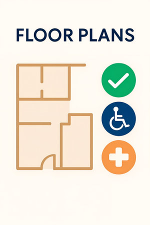Floor plan layout with accessibility icons. Minimal illustration showing room structure and symbols for approval, wheelchair access, and medical support. Concept for safety and planning.の写真素材