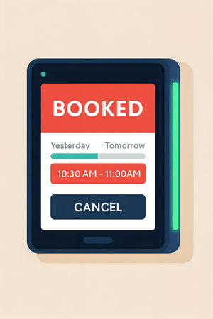 Digital booking screen showing room status as booked with time slot and cancel button. Modern interface for office or shared space scheduling and resource management.の写真素材