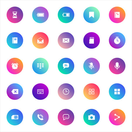 UI, apps, communication. Vector set of 25 round gradient icons featuring time, battery, chat, media, microphone, phone, and navigation tools for mobile and web interface design.のイラスト素材