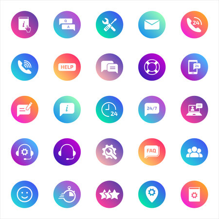 Customer service, communication, support. Vector set of 25 round gradient icons featuring help, chat, FAQ, service, tools, and feedback for UI, apps, and business design.のイラスト素材