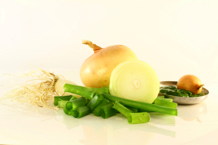 cut onion green onion and paste in white back groundの写真素材